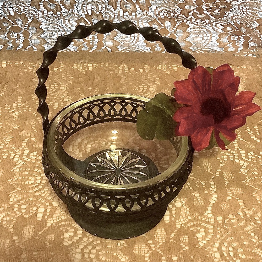 Vintage metal basket with patterned bottom glass bowl sugar salt candy dish